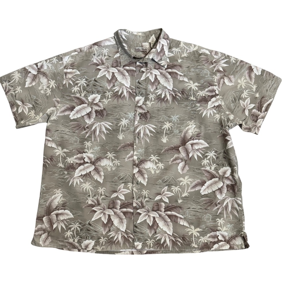 100% Cotton Hawaiian Mens Shirt 2XL Hollis River Tropical Palm Tree Island Olive